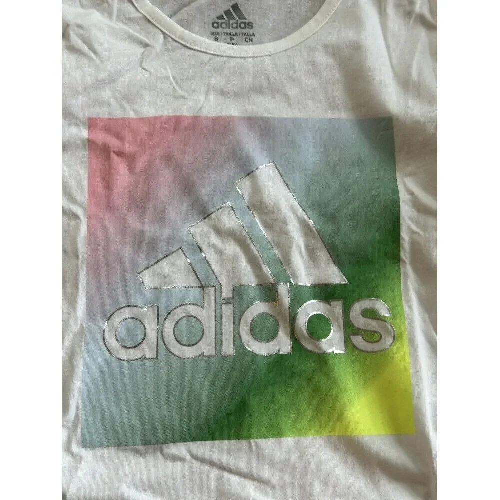 adidas Girls' Short Sleeve‎ Cotton Scoop Neck Tee T-Shirt Rainbow NWT Size S 7/8